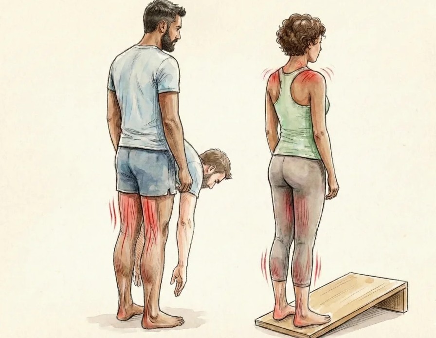 前屈をしている男性とストレッチングボードに立つ女性