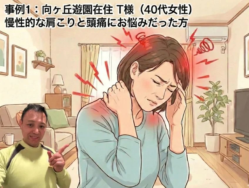 事例１　向ヶ丘遊園在住　T様（40代女性）　慢性的な肩こりと頭痛がお悩みだった方