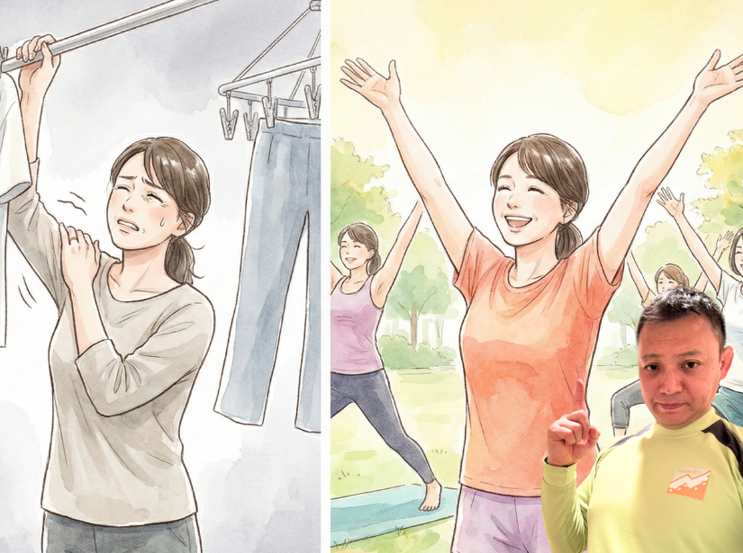 洗濯をして肩をおさえている