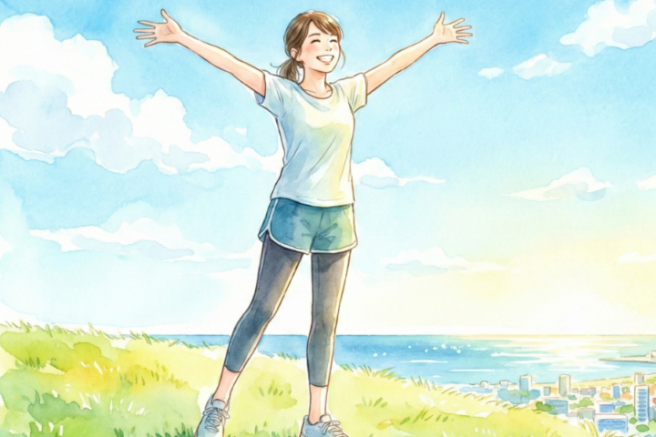 両手を上げている女性