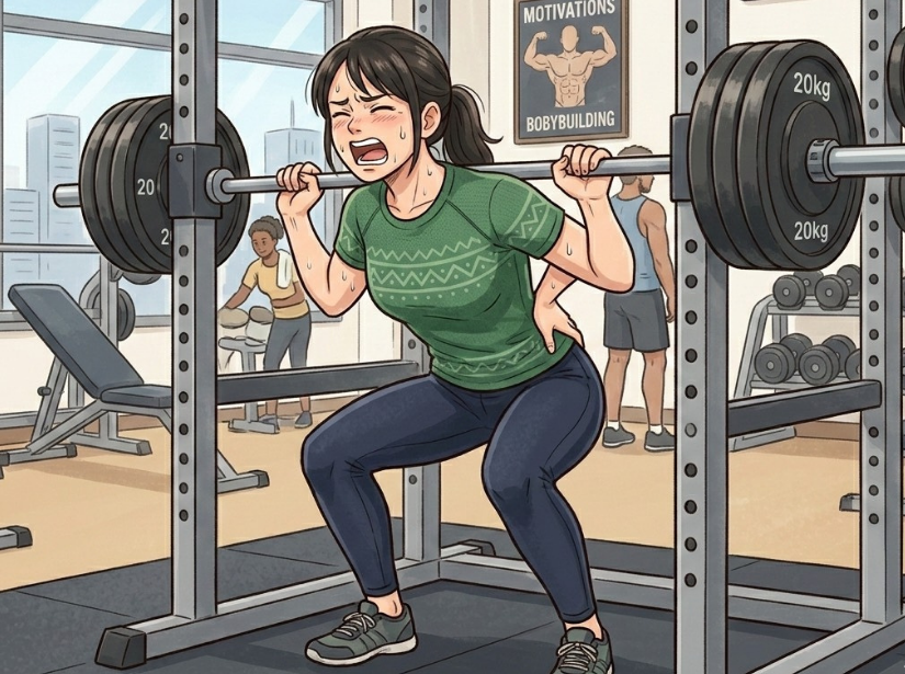 バーベルスクワットをしている女性