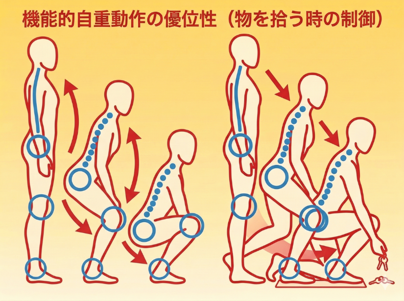 機能的自重動作の優位性（物を拾う時の制御）