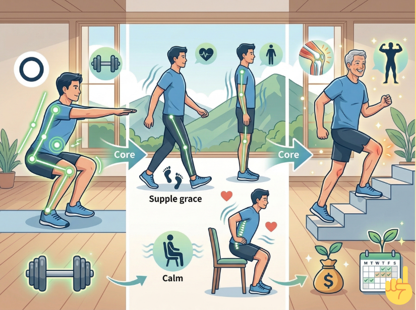 男性がスクワットと階段昇降をしている