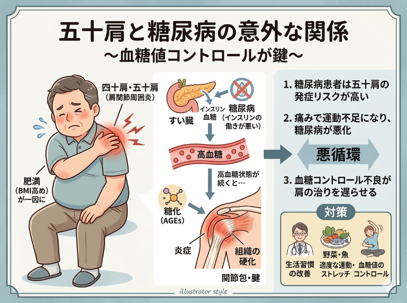 画像内のテキストを書き起こしました。ブログや資料作成などにお役立てください。  五十肩と糖尿病の意外な関係 〜血糖値コントロールが鍵〜 左側（人物イラスト部分） 四十肩・五十肩（肩関節周囲炎）：肩の痛みを訴える男性のイラスト  肥満（BMI高め）が一因に  中央（メカニズム解説部分） すい臓：インスリンの分泌  糖尿病（インスリンの働きが悪い）  高血糖：血管内のイメージ  高血糖状態が続くと…  糖化（AGEs）：組織への影響  炎症  組織の硬化  関節包・腱：肩関節の断面図  右側（要点と対策） 糖尿病患者は五十肩の発症リスクが高い  痛みで運動不足になり、糖尿病が悪化  悪循環（双方向の矢印）  血糖コントロール不良が肩の治りを遅らせる  対策（下部ボックス） 生活習慣の改善：医師のイラスト  野菜・魚：食事のイラスト  適度な運動・ストレッチ：運動する人のイラスト  血糖値のコントロール