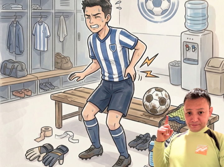 サッカーの後に腰をおさえている男子