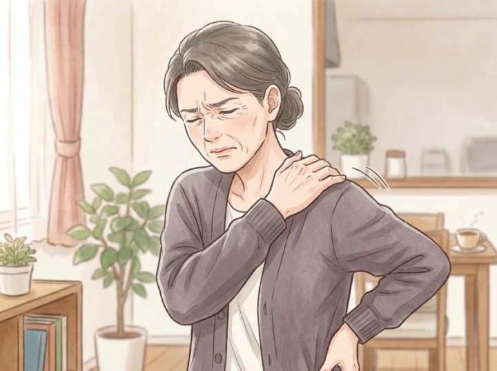 女性が肩を押さえている