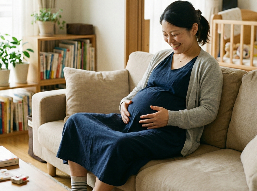 ソファでお腹を抱えて微笑む妊婦さん