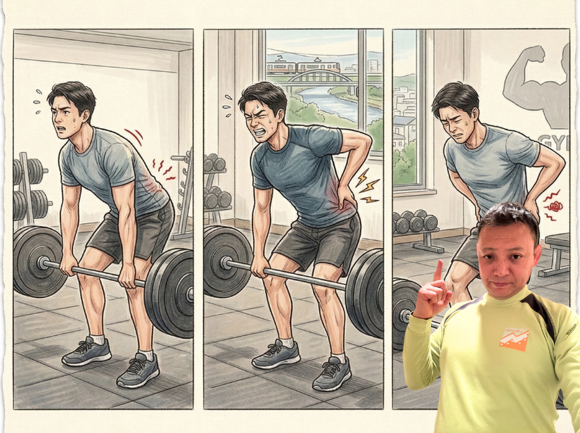 デットリフトで腰が痛そうな男性