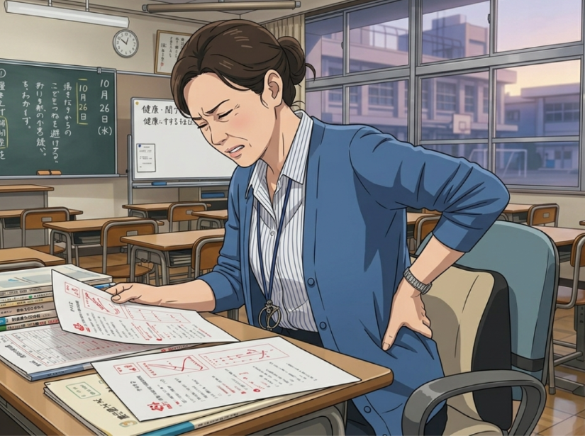 教員女性が腰を押さえている