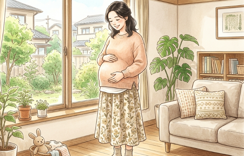 お腹を触っている女性