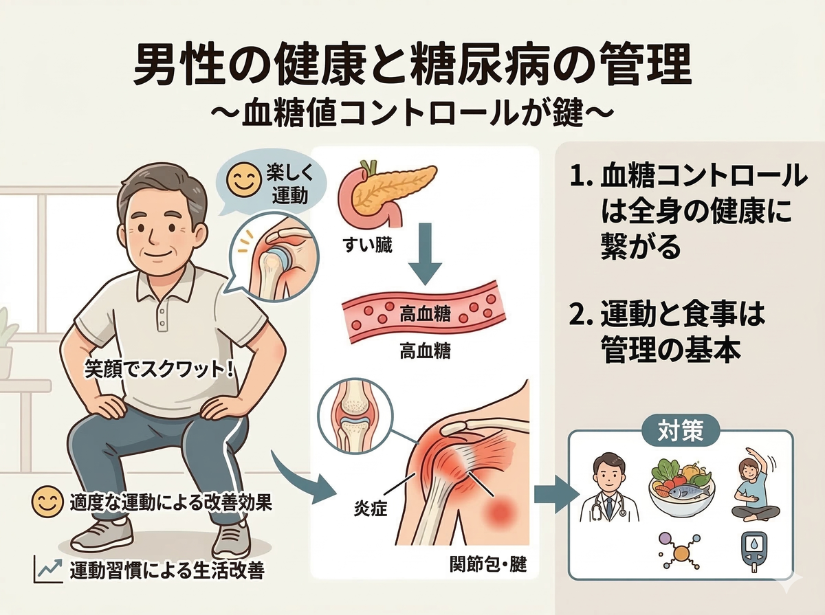 最新のイラストのテキストを書き起こしました。情報を整理し、よりシンプルにまとまった内容になっています。  男性の健康と糖尿病の管理 〜血糖値コントロールが鍵〜 左側（運動実践シーン） 笑顔でスクワット！  楽しく運動（ニコちゃんマークの吹き出し）  適度な運動による改善効果  運動習慣による生活改善  中央（体内メカニズム） すい臓（インスリン分泌のイラスト）  高血糖（血管内のイメージ）  炎症 / 関節包・腱（肩関節のポイント解説）  右側（重要ポイントと対策） 血糖コントロールは全身の健康に繋がる  運動と食事は管理の基本  対策ボックス（下部） 医師のイラスト（専門家によるアドバイス）  野菜・魚（バランスの良い食事）  適度な運動・ストレッチ  血糖値のモニタリング（測定器のアイコン）