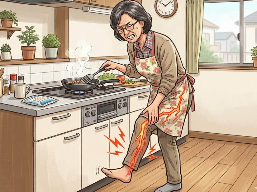 女性が足を痛そうに触っている。家事中