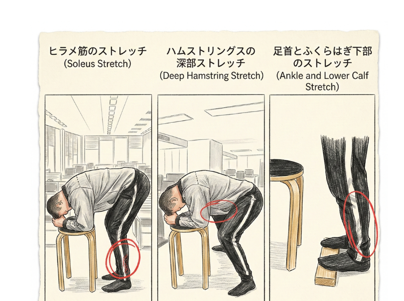 ヒラメ筋のストレッチ (Soleus Stretch) ハムストリングスの深部ストレッチ (Deep Hamstring Stretch) 足首とふくらはぎ下部のストレッチ (Ankle and Lower Calf Stretch)
