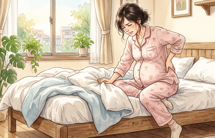 ベットから起きて腰を摩っている女性