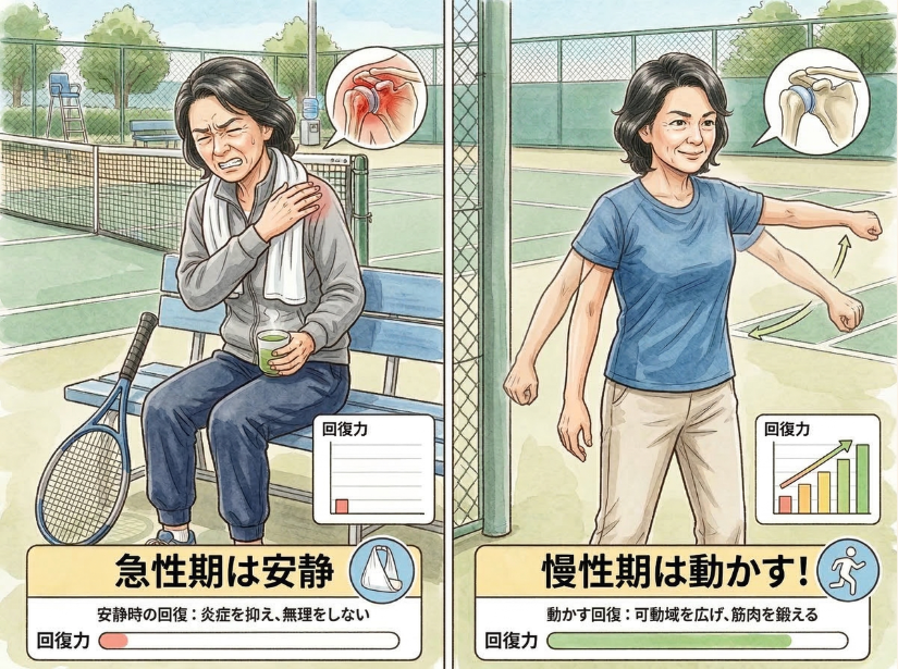 肩を押さえている女性と肩を動かしている女性