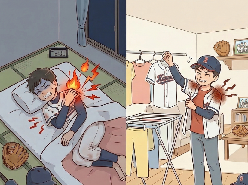 野球少年が肩を押さえている