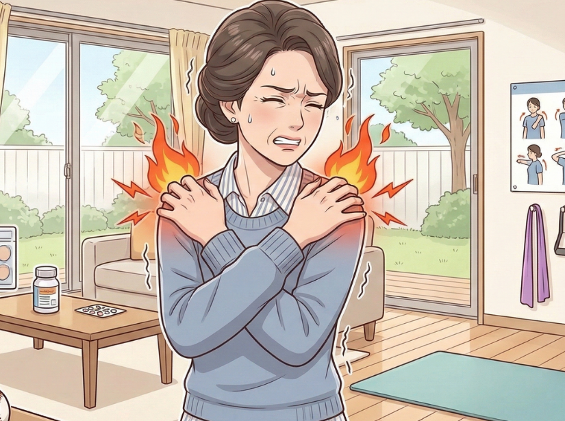 両肩を痛そうにしている女性