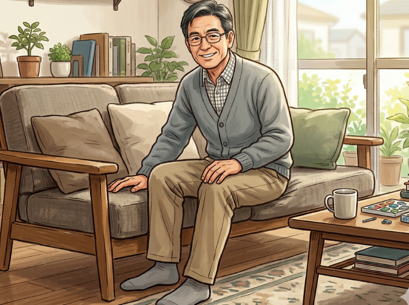 男性が笑顔で座っている