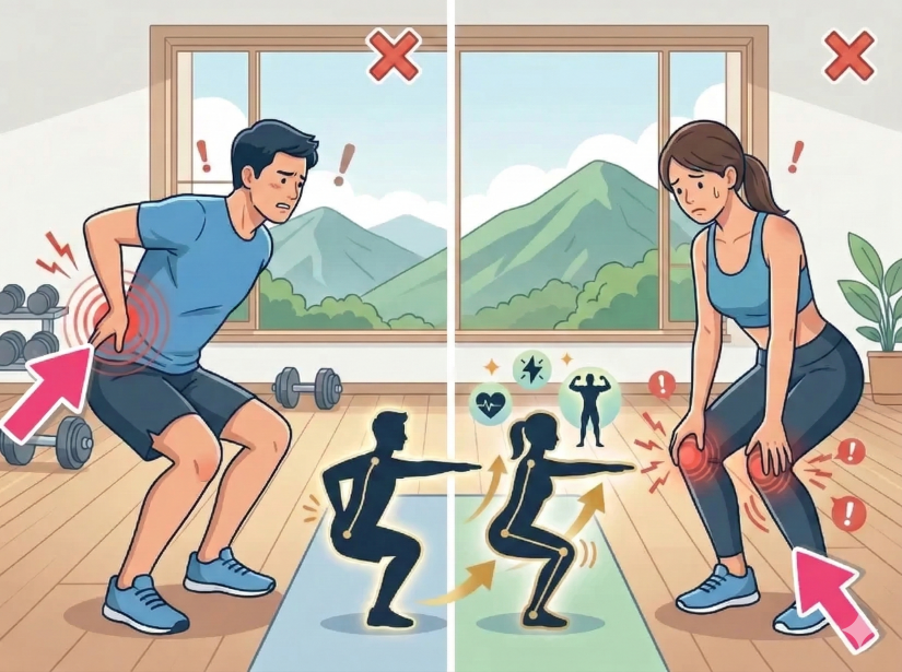 腰を押さえている男性と膝を押さえている女性