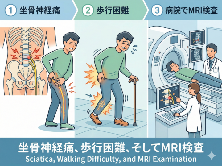 1 坐骨神経痛 2 歩行困難 3 病院でMRI検査 坐骨神経痛、歩行困難、そしてMRI検査 Sciatica, Walking Difficulty, and MRI Examination