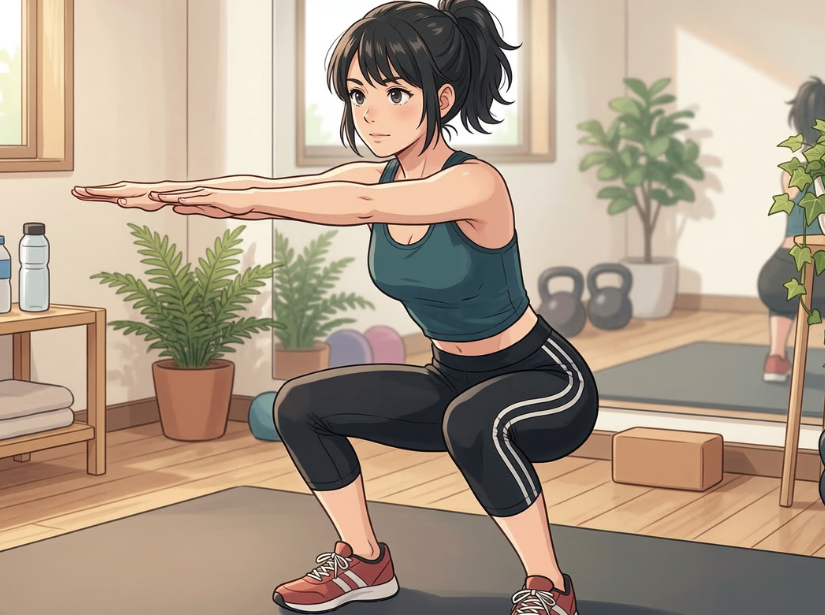 リビングで女性がスクワット