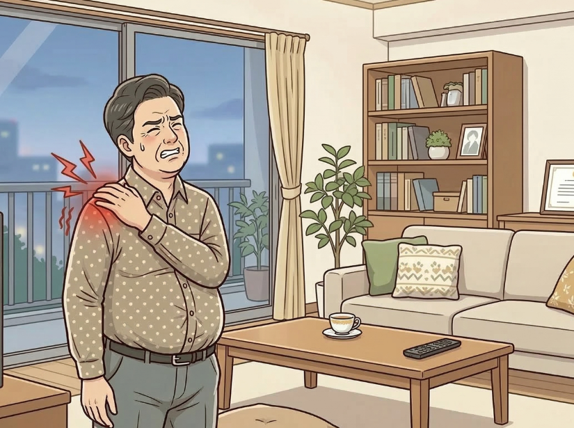 リビングで肩を押さえている男性