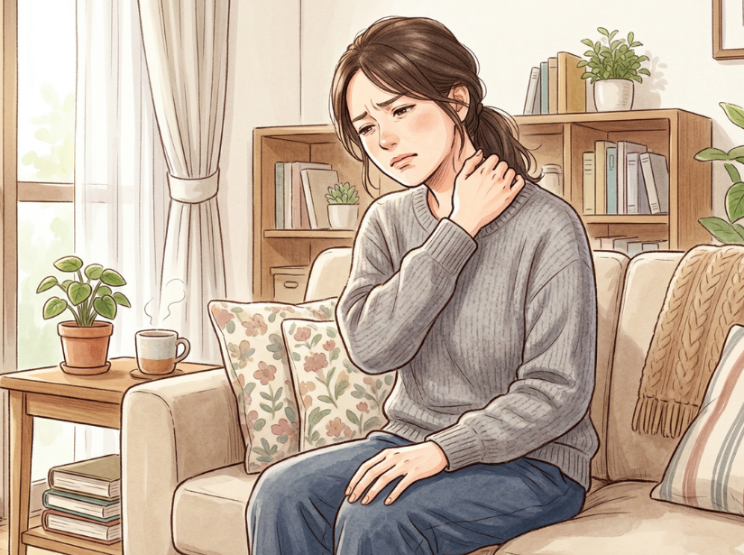 肩をおさえている女性