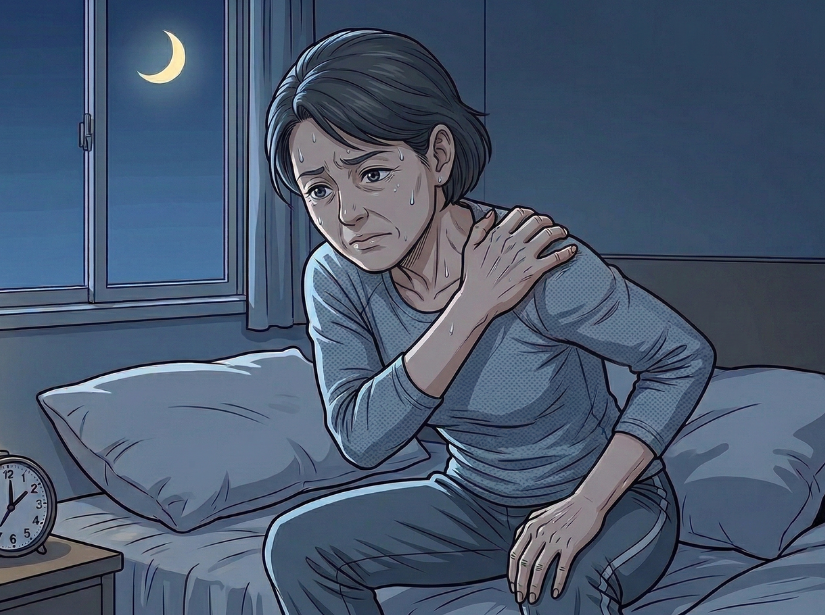 肩を押さえている女性