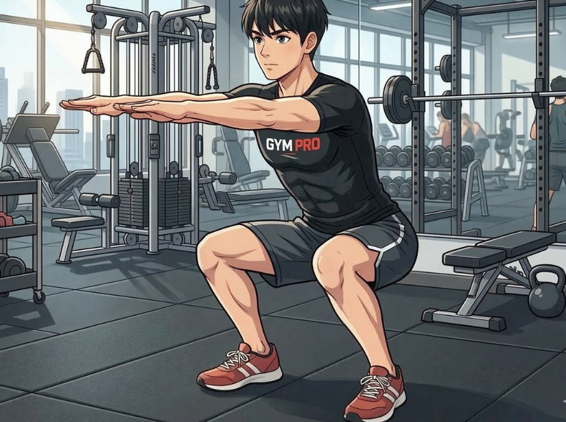 男性がジムでスクワットをしている