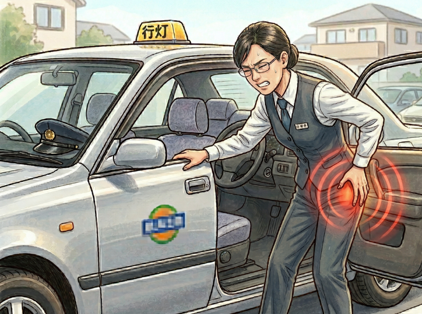 運転後に足を抑えている女性
