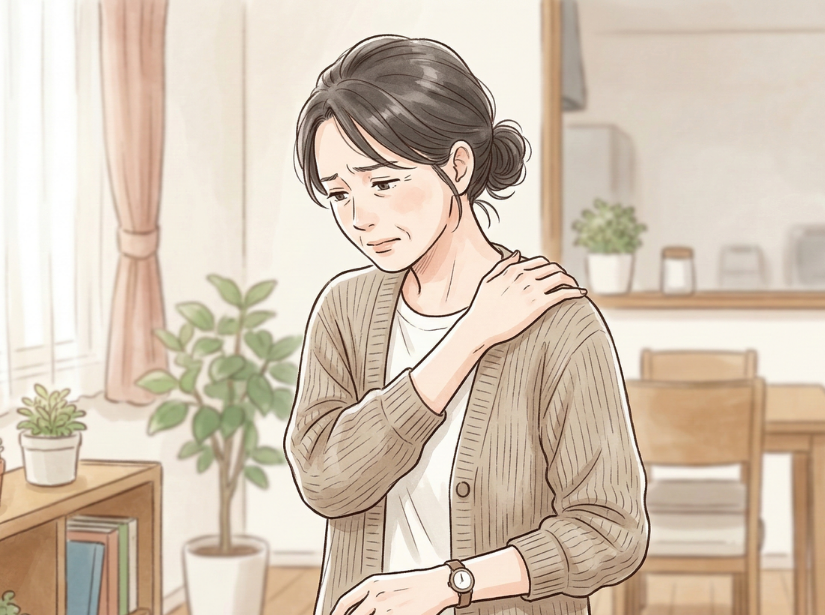 女性が肩を押さえている