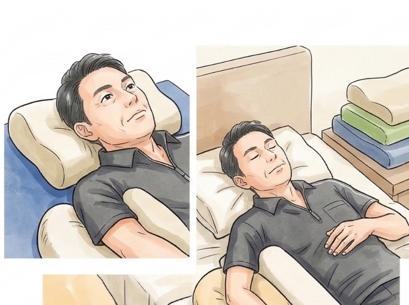 男性が寝ている　脇に枕