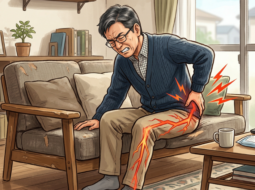 男性　足を痛そうにおさえている