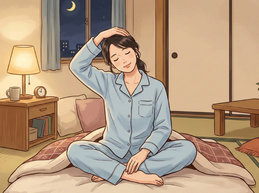 首のストレッチを就寝前にしている女性