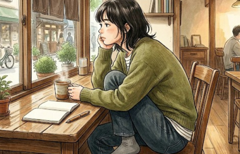 猫背でカフェでコーヒーを飲んでいる