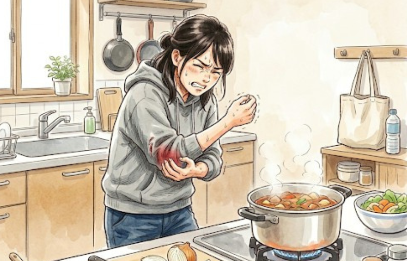 肘を押さえている女性