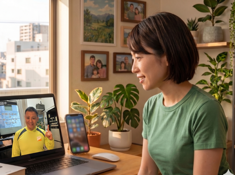 自宅でZOOM相談をする女性と、画面越しに対応するトレーナー