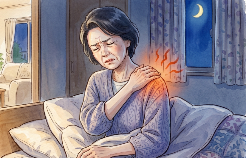 女性がベットで肩を押さえている