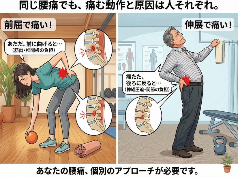 同じ腰痛でも、痛む動作と原因は人それぞれ。 左側:前屈タイプ 見出し: 前屈で痛い! セリフ: あだだ、前に曲げると…(筋肉・椎間板の負担) 右側:伸展タイプ 見出し: 伸展で痛い! セリフ: 痛たた、後ろに反ると…(神経圧迫・関節の負担) フッター(下部) あなたの腰痛、個別のアプローチが必要です。