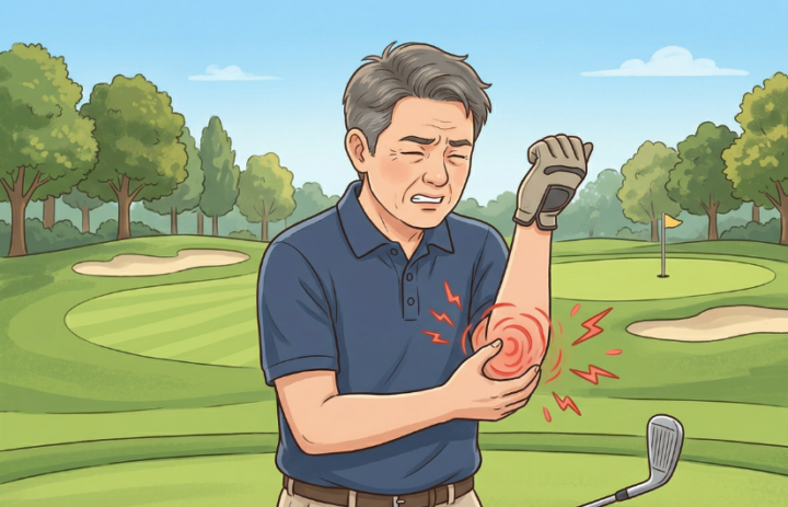 男性肘を押さえている男性