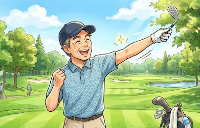 男性が元気にゴルフをしている