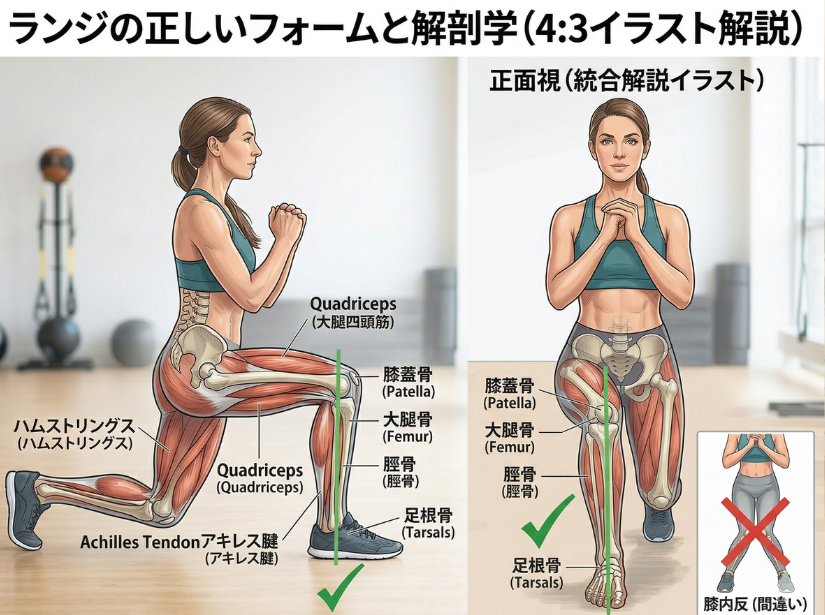 ランジの正しいフォームと解剖学 (4:3 イラスト解説)  正面視 (統合解説イラスト)  ハムストリングス Quadriceps (大腿四頭筋) 膝蓋骨 (Patella) 大腿骨 (Femur) 脛骨 (脛骨) 足根骨 (Tarsals) アキレス腱 (アキレス腱) Achilles Tendon  正しいアライメント (緑のチェック)  膝内反 (間違い) (赤のX)