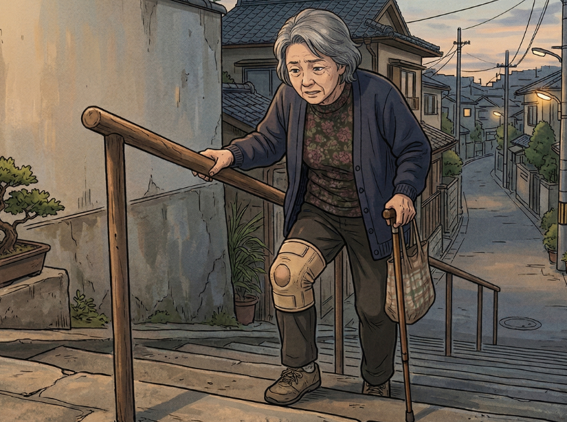 膝の痛みで階段が辛そうな高齢者女性