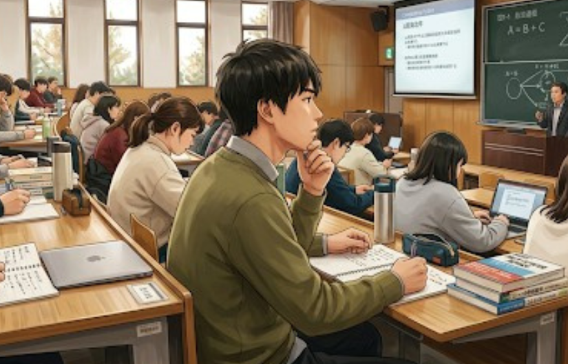 猫背で授業を受けている