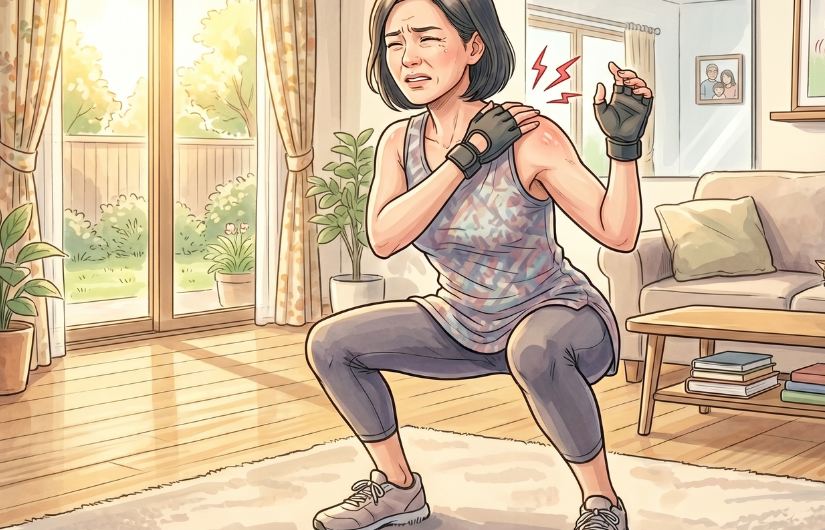 肩を押さえながらスクワットをしている女性