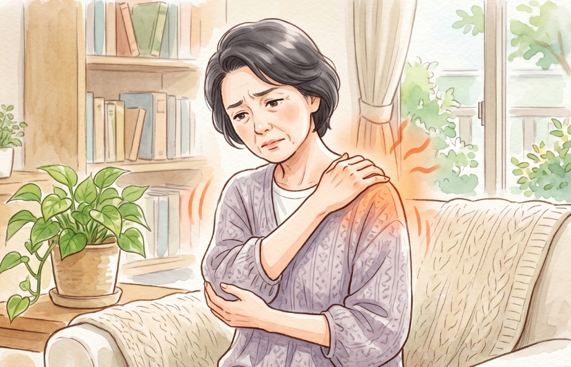 女性が肩を押さえている
