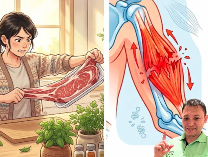 お肉を引っ張る女性