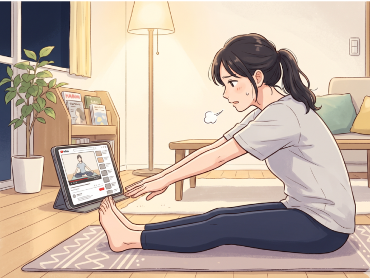 動画を見ながらストレッチしている女性