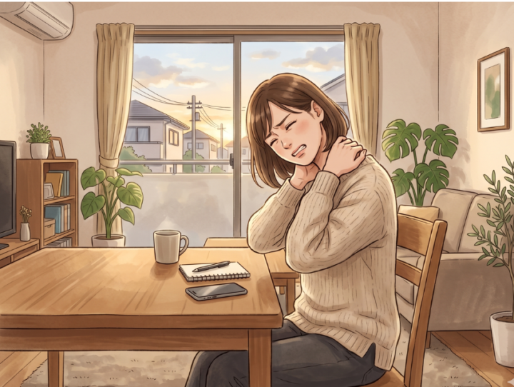 首に手を当てている女性