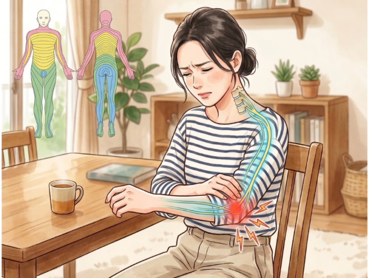 肘に手を当てている女性